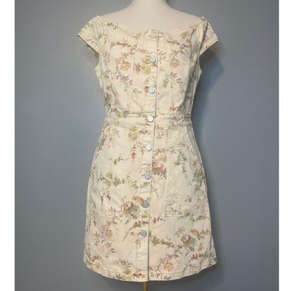 Rebecca Taylor La Vie Large Dress Denim Floral Off the Shoulder Cream Button - Picture 1 of 9